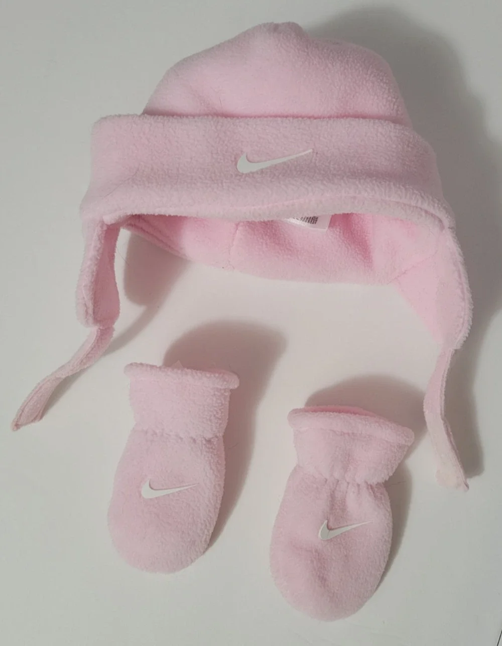 Nike Infant Baby Girls Pink Fleece Earflap Hat Mittens Set White Swoosh Winter